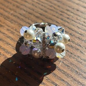 Swarovski Crystal Cluster Ring with Pearls and Aurora Borealis Accent
